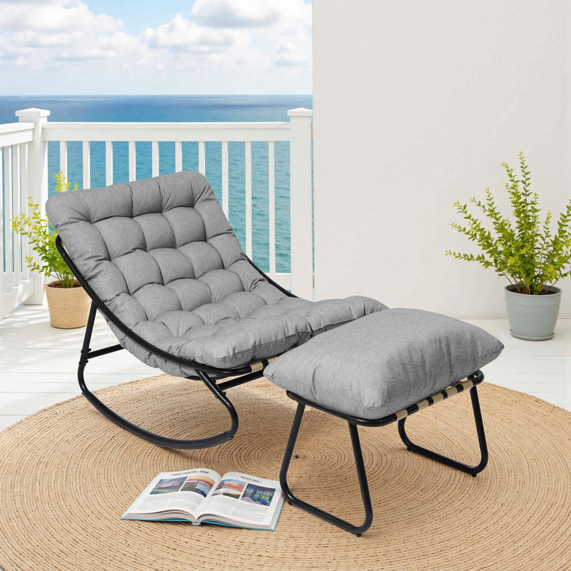 Patio Outdoor Lounge Chair Rocking Chair With Ottoman, LIGHT GRAY