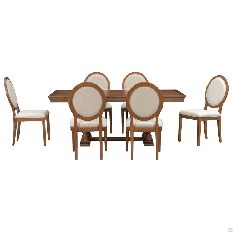 Ensemble de table de salle à manger 7 pièces en bois massif pour table de salle à manger extensible de 6 à 58 à 76 po avec 6 chaises rembourrées à dossier ovale, table de cuisine de ferme et ensemble de chaises pour salle à manger, noyer