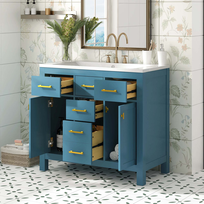 Meuble-lavabo avec lavabo en résine, 4 tiroirs et 2 portes Moderrn, Bleu