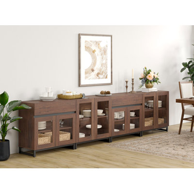 4 In 1 Multifunctional Sideboard Buffet Cabinets With Glass Doors And 2 Drawers, Modern Sideboard Credenza With Adjustable Shelf And Metal Base, Coffee Bar Cabinet Storage Cabinet For Kitchen