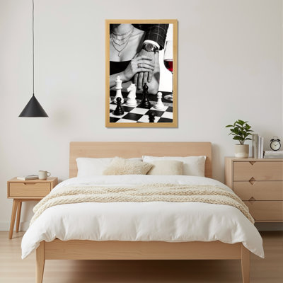 Toile naturelle encadrée en bois naturel pour le salon, la chambre à coucher, le bureau ou le vestibule - décoration murale décorative avec jeu d'échecs