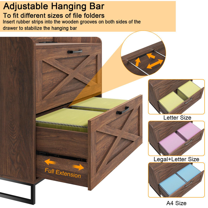 Lateral File Cabinet With Charging Station, Walnut