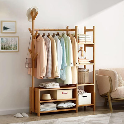 Bamboo Clothing Rack with Shelves and Hooks – Freestanding Organizer for Bedroom