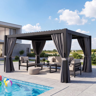 14‘ X 12' Outdoor Aluminum Pergola with Adjustable Louvered Roof,Built-In Gutter System,Mosquito Netting And Curtains