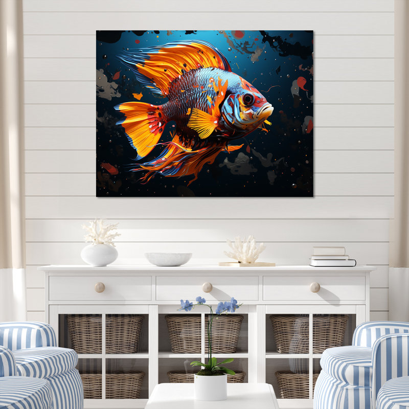 «Orange Pop Art Fish Marine Burst I», art mural poisson papillon, Cadre flottant noir, H 16 po x l 32 po x P 1 po