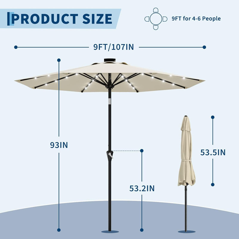 Parasol de patio 9 pi pour l'extérieur, parasol de table avec lumières solaires, 8 nervures robustes, protection contre les rayons UV pour le jardin, la piscine et la terrasse