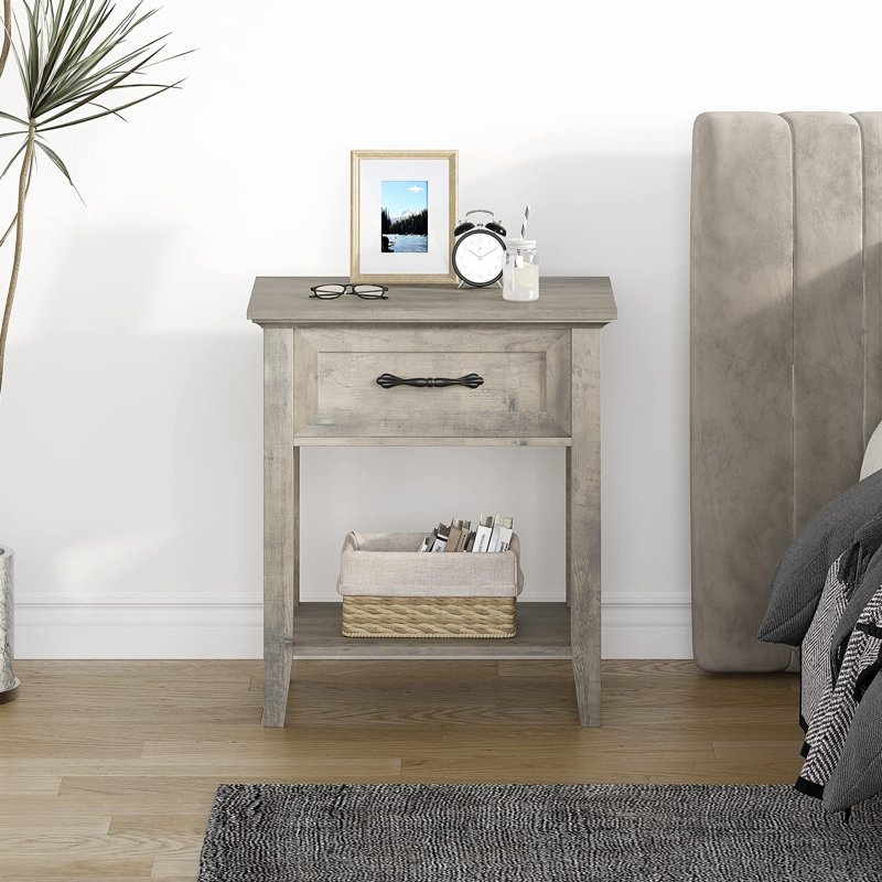 48cm W Solid Wood Bedside Table, Grey