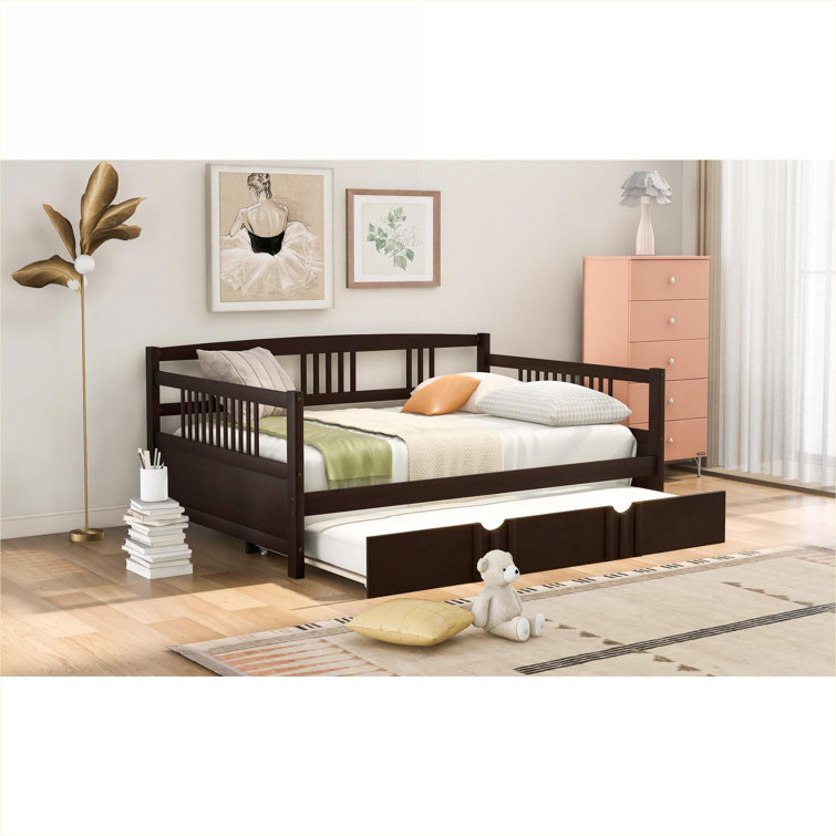 White-toned solid wood platform daybed with pull-out trundle, ideal for guest accommodation and small space living, clean modern style