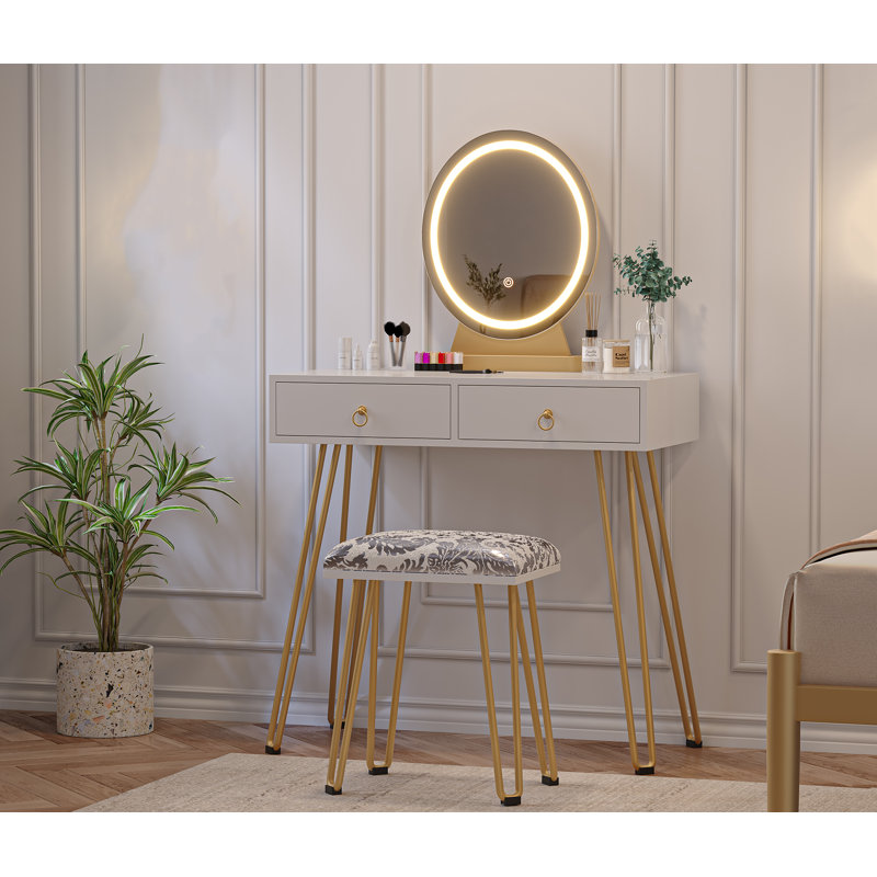 Table avec lampe miroir, coiffeuse avec tabouret rembourré et table pour chambre à coucher
