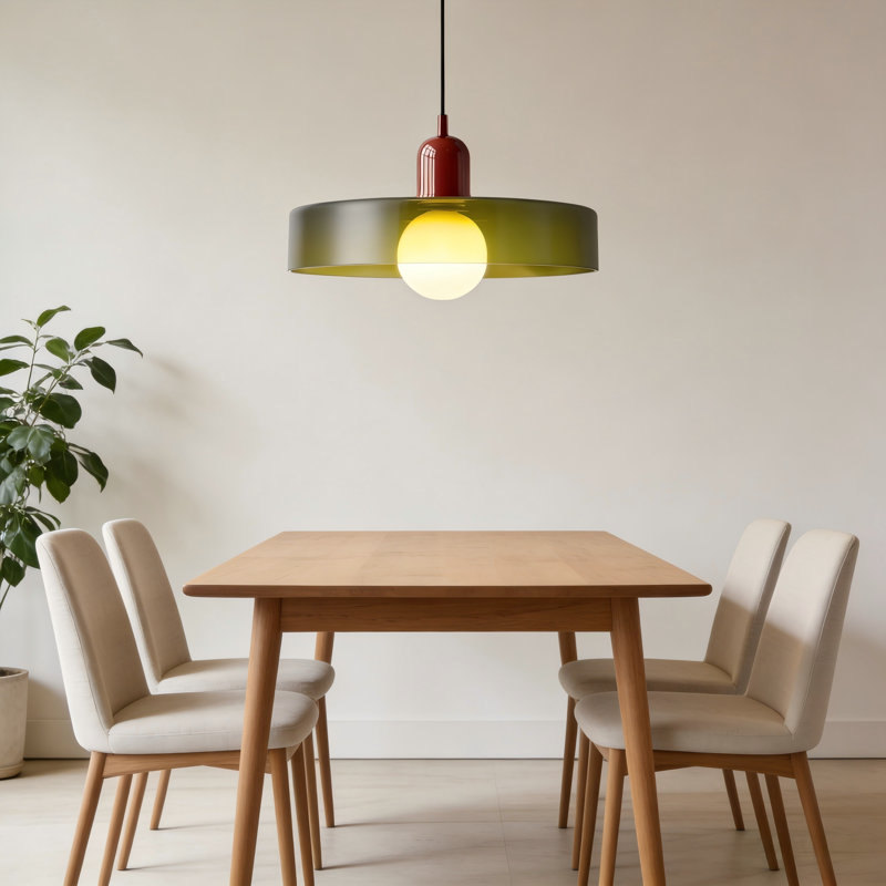 Luminaire suspendu réglable 1 lumière de style Mid-Century moderne, abat-jour en verre vert olive avec accent rouge, luminaire suspendu pour îlot de cuisine, salle à manger, salon