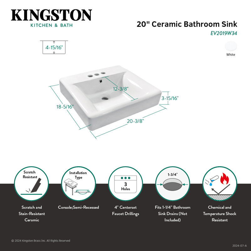 Kingston Brass EV2019W34 Nuvofusion 20" Console Sink Basin (4-Inch, 3-Hole), White