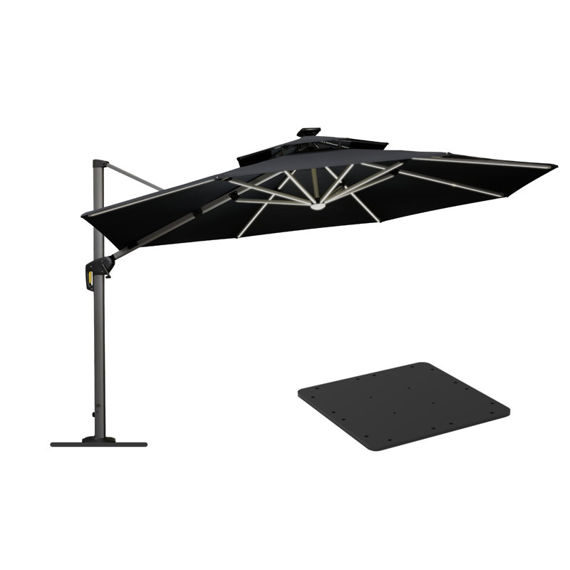 Parasol lumineux de luxe à DEL 12 pi avec base en tôle d'acier Belmiro, Noir