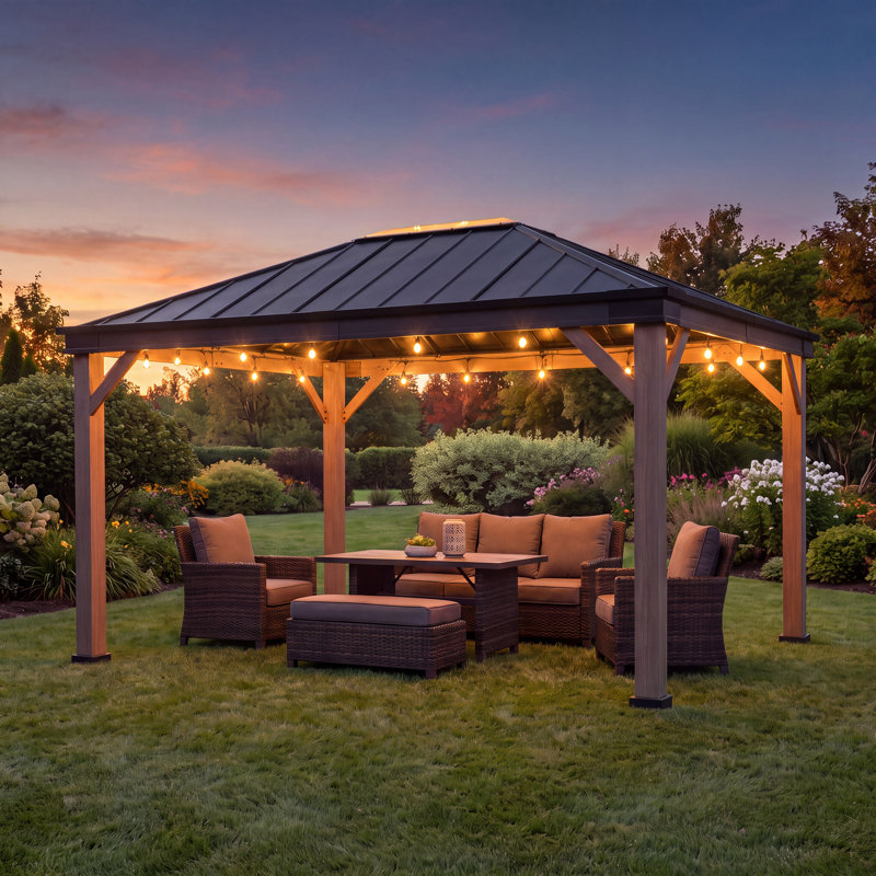 Pavillon de jardin à toit rigide en acier noir 11 x 13 pi avec lanterneau Sunjoy pour activités de patio, jardin et cour arrière Sunjoy