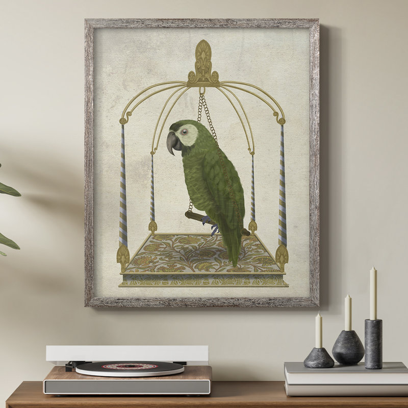Green Parrot on Swing Framed Print - Solid Wood