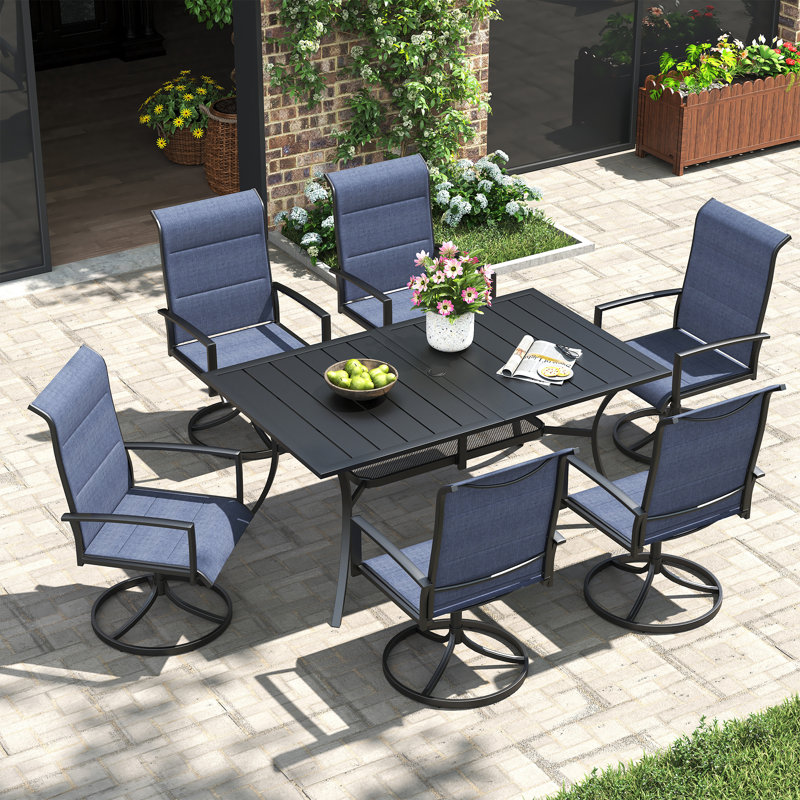 59''L x 38''W Dining Table with Umbrella Hole and 6 Padded PVC-coated polyester Swivel Chairs | Sturdy Outdoor Dining Set for Patio