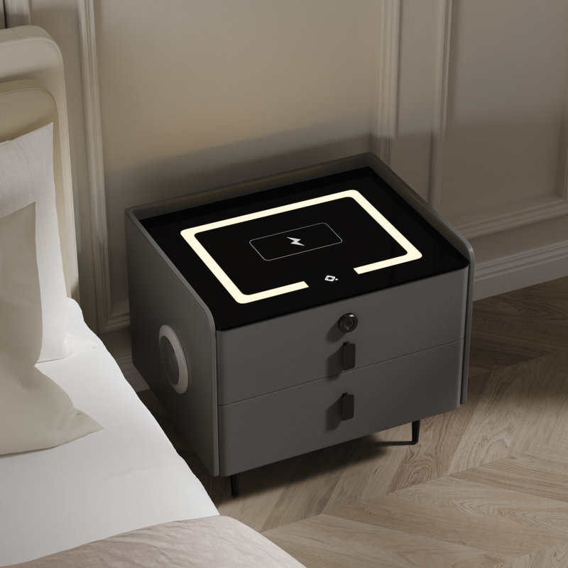 Table de chevet intelligente à 2 tiroirs avec coffre-fort à empreinte digitale, chargement sans fil, haut-parleur Bluetooth 5,0 et lumière DEL 3 couleurs, entièrement assemblée