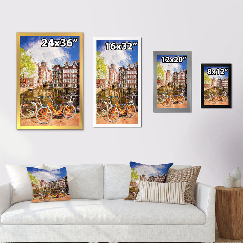 «Vintage Bikes In Amsterdam Street - Cabin & Lodge», reproduction d'art sur toile, Impression noire sur toile encadrée