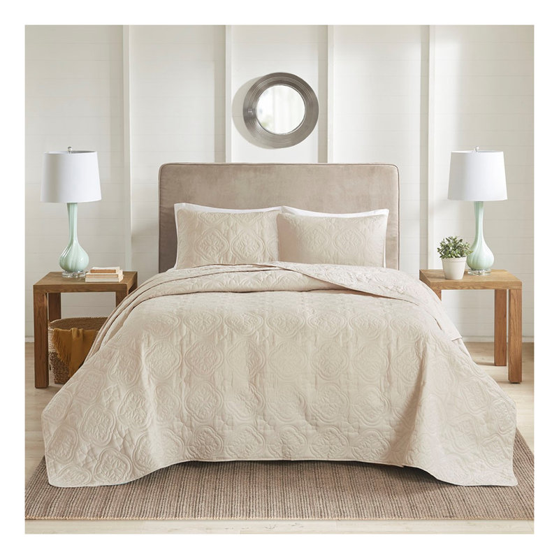 Ensemble de couvre-lit réversible en microfibre matelassé 3 pièces Medallion, Crème