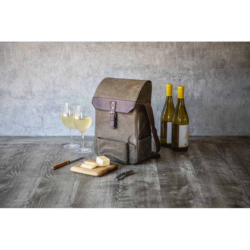 Khaki Green Waxed Canvas Wine Cooler Bag with Acacia Wood Cheese Board