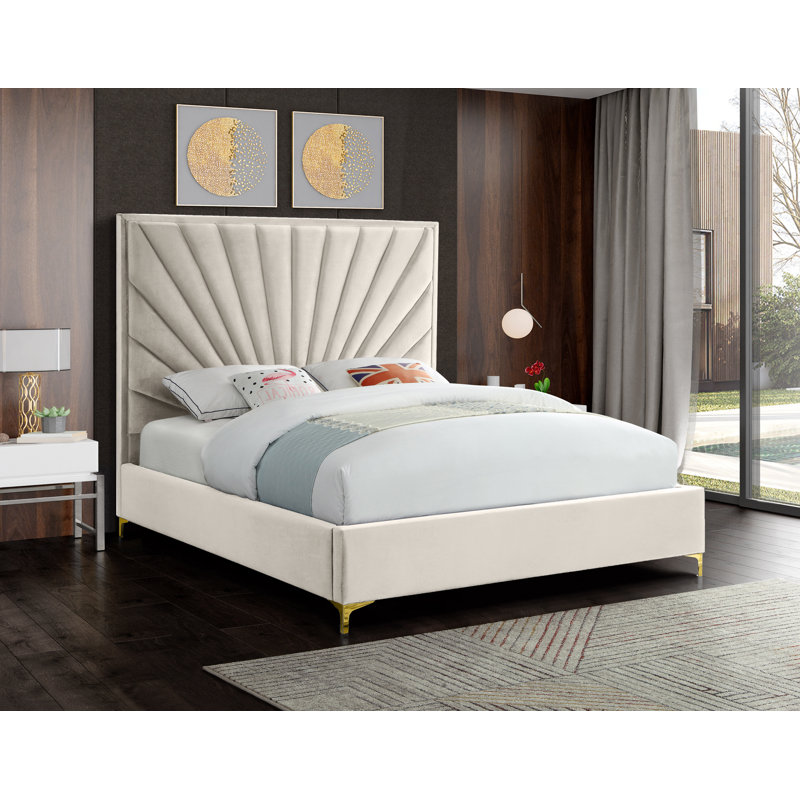 Manila Upholstered Platform Bed, Cream Velvet, Full