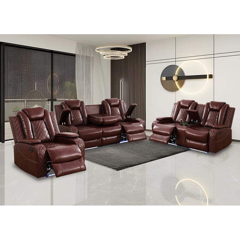 3-Piece Breathing Leather Power Recliner Sofa Set With LED Light,Wireless Charging Station, And Storage Armrest, Brown