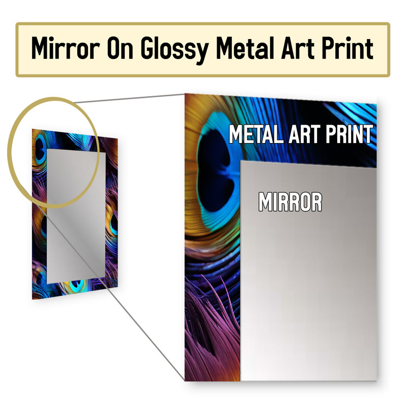 Holmquist bleu et mauve vibrant plume de paon - miroir imprimé animal, miroir mural décoratif, 32 po x 24 po