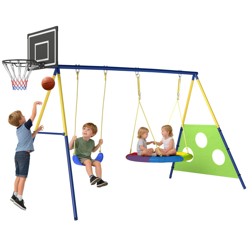 AIYAPLAY 4-in-1 Kids Swing Set with Saucer Swing for Ages 3-8 Multicolour