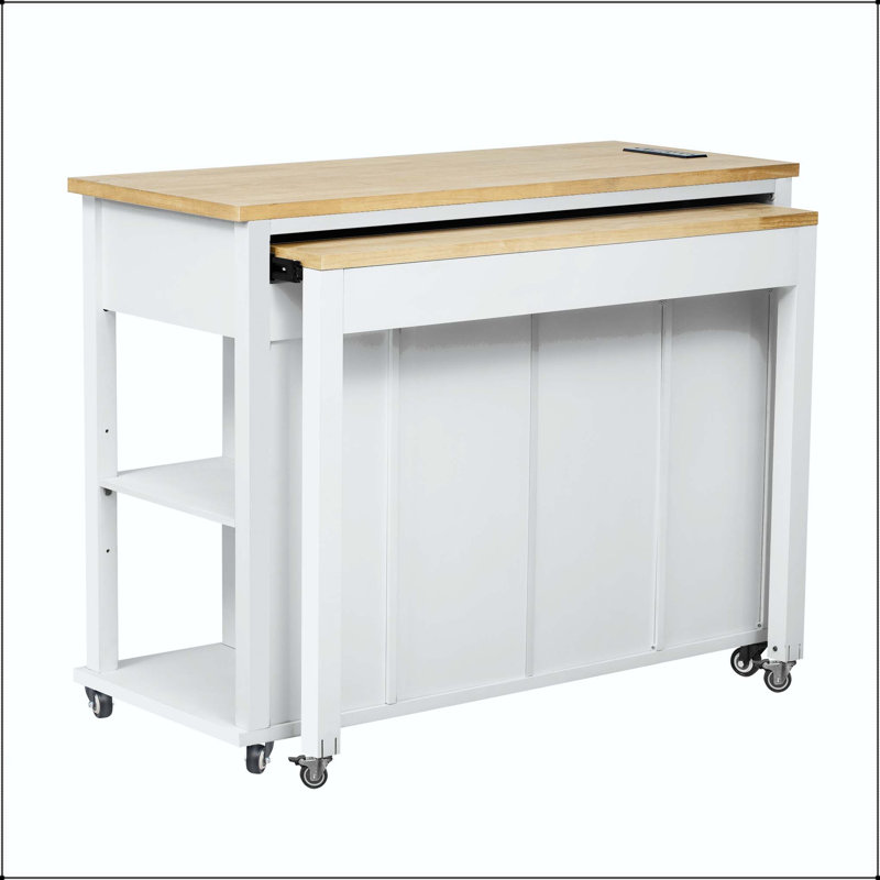 47" Kitchen Island with Extendable Dining Table, Internal Racks, and Power Outlet – White, White