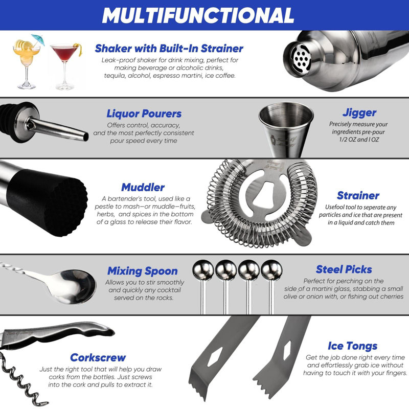 Rylon Bartender Kit - Bar Tool Set - Mixology Bar Set Cocktail Shaker Set, Dark Mettalic