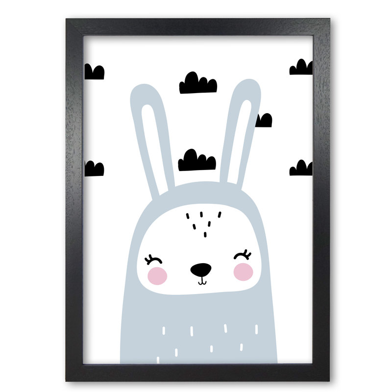 Blue Scandi Bunny With Clouds - Painting, 30 cm H x 21 cm W x 5 cm D, Black Grain Frame