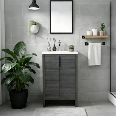 24'' Freestanding Bathroom Vanity In Leached Oak With Resin Top