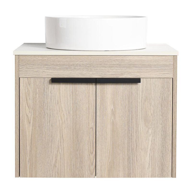 Meuble-lavabo de 24 po avec lavabo en céramique. Fixation murale en chêne blanc. Porte à fermeture en douceur pour un évier de rangement calme et spacieux. Fiable