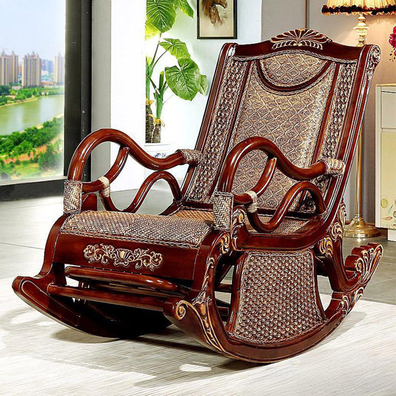 Chaise berçante de loisirs en rotin et bois massif, Brun rougeâtre / brun foncé