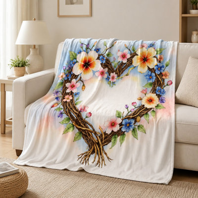 Plaid en flanelle à motif floral et couronne de cœurs, imprimé de fleurs printanières éclatantes et de branches rustiques, ultra doux, léger, respirant, toutes saisons, agréable pour la peau, lavable à la machine, décoratif, pour canapé, fauteuil, salon et chambre