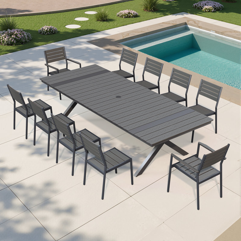 Ensemble repas d'extérieur pour 10 personnes avec structure en aluminium, trou pour parasol, chaises empilables et sans accoudoirs