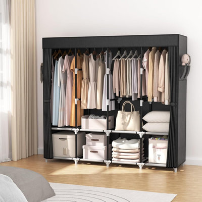 Garde-robe portable - Noir - Garde-robe autoportante grande capacité avec couvercle, 4 tringles de suspension et 4 tablettes de rangement pour la chambre à coucher