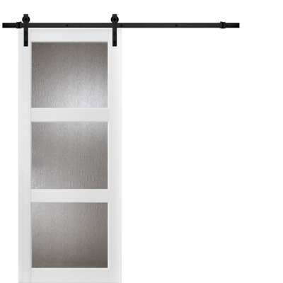 Lucia Frosted Glass Wood Barn White Door with Installation Hardware Kit