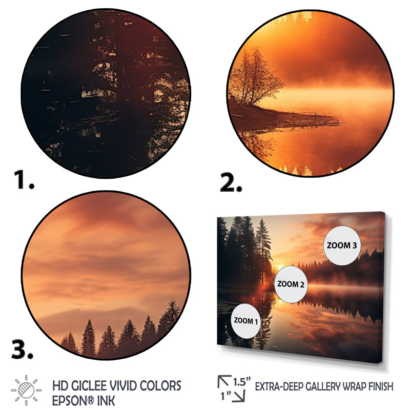 «Magicak Sunrise Over The Mountain Lake», reproduction sur toile, H 12 po x l 20 po x P 1 po, Cadre simple argenté