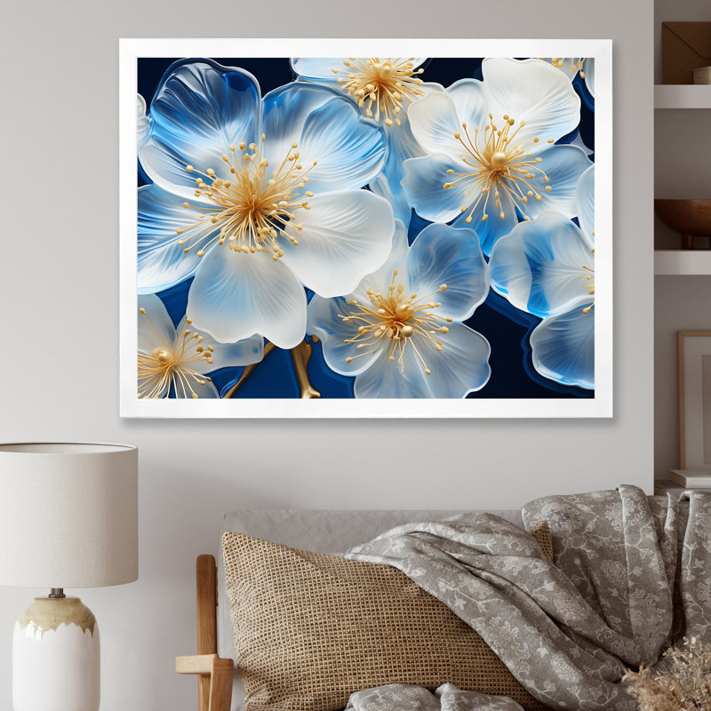 Tranquil blanc et bleu coquelicots - coquelicots, art mural, Cadre de coin blanc fermé, H 16 po x l 32 po x P 1 po