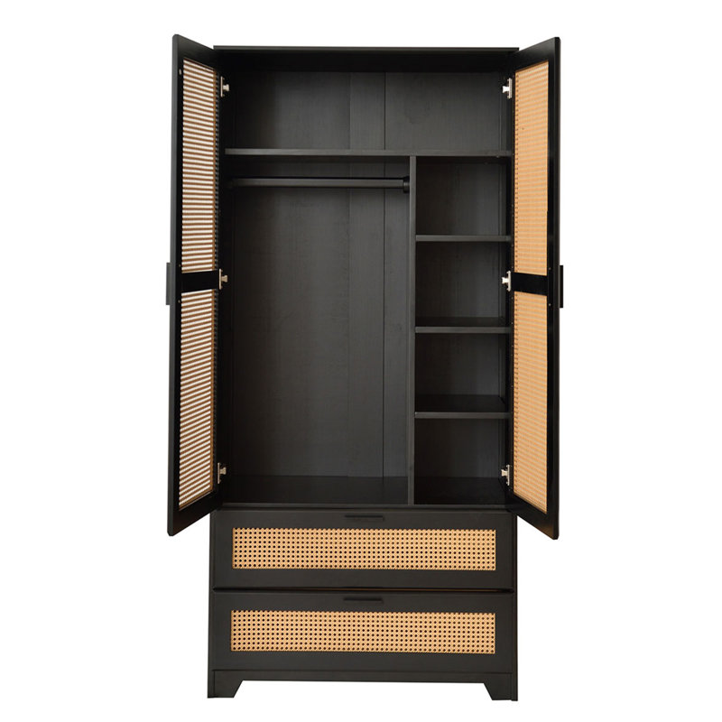Armoire en rotin massif avec 2 tiroirs, Noir