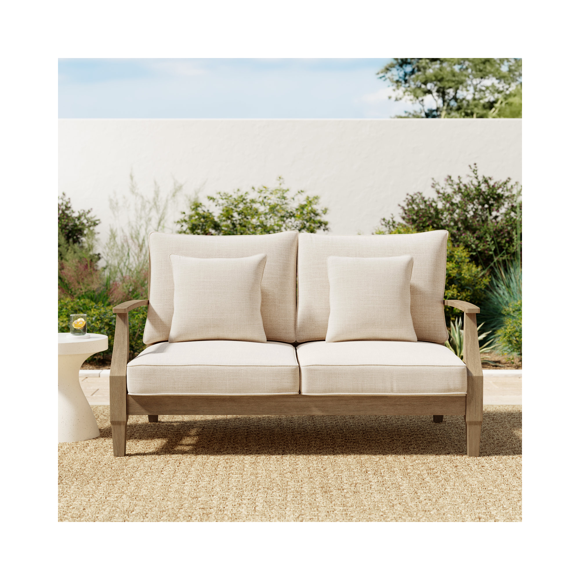 Samya Outdoor Loveseat with Cushions, Natural/Beige