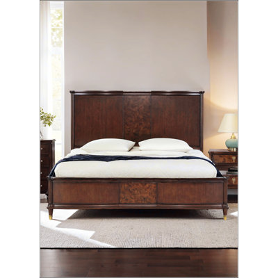 Transitional Style Eastern King Size Bed with Dark Cherry Finish, Gold-Capped Legs, and Poplar Burl Veneer for Elegant Bedrooms