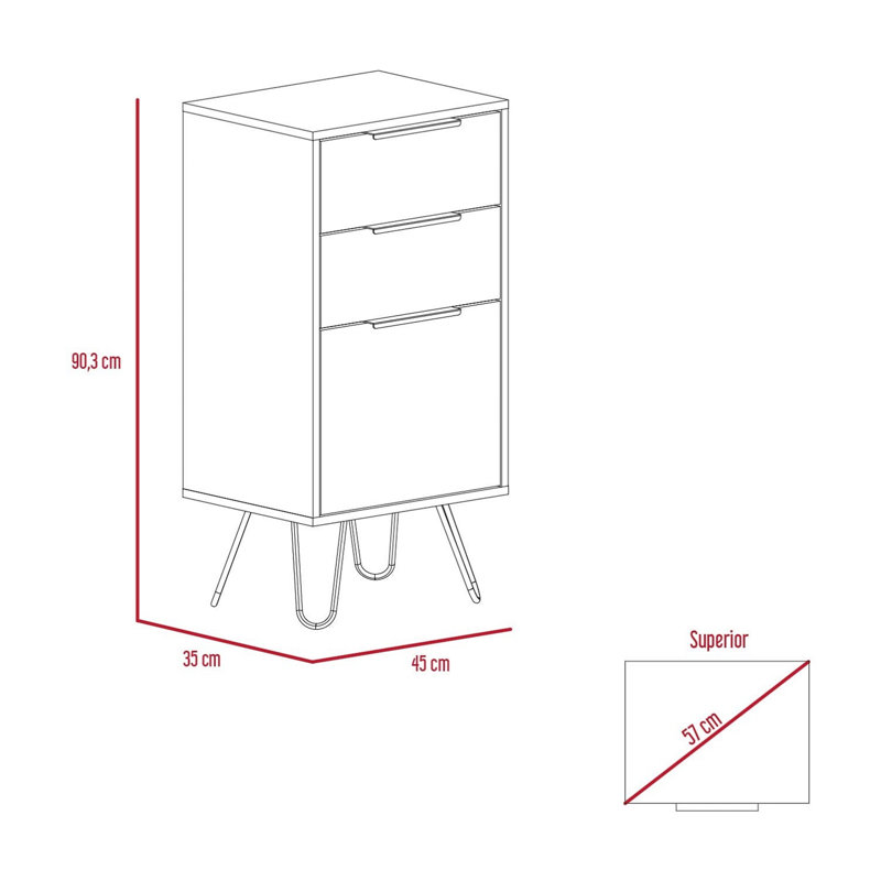 Commodes 3 tiroirs avec pieds en métal, ensemble de 2