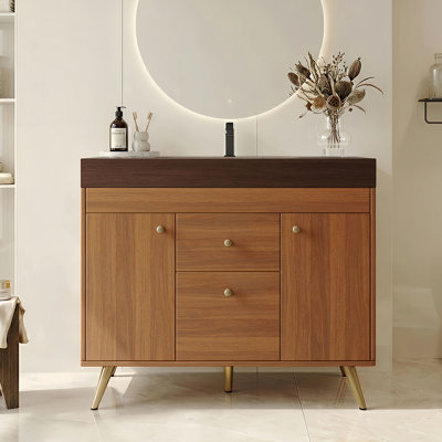 Meuble-lavabo autoportant moderne de 36 po avec plateau en pierre frittée, lavabo en céramique et rangement noir ou noyer 36 po