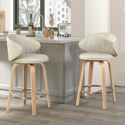 Ensemble de 2 tabourets de bar pivotants en bois cintré Mid-Century avec dossier, similicuir, beige