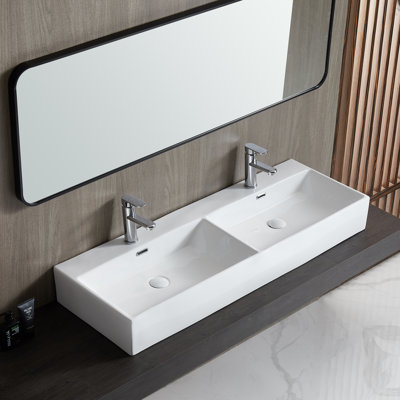 Lavabo de salle de bain mural / vasque rectangulaire en céramique blanche à double cuve pour deux Turner