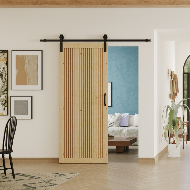 Porte de grange coulissante à panneau de lattes en bois - La porte intérieure en bois massif comprend la trousse de quincaillerie d'installation (assemblage requis)