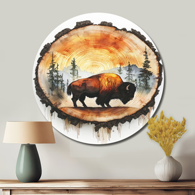 Marcli - art mural rond en métal bison, jaune moderne en métal