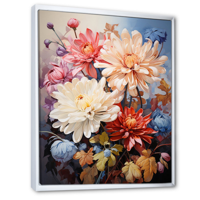 Yesmi Chrysanthemums Vibrant Collage IV, H 20 po x l 12 po x P 1 po, Cadre flottant blanc
