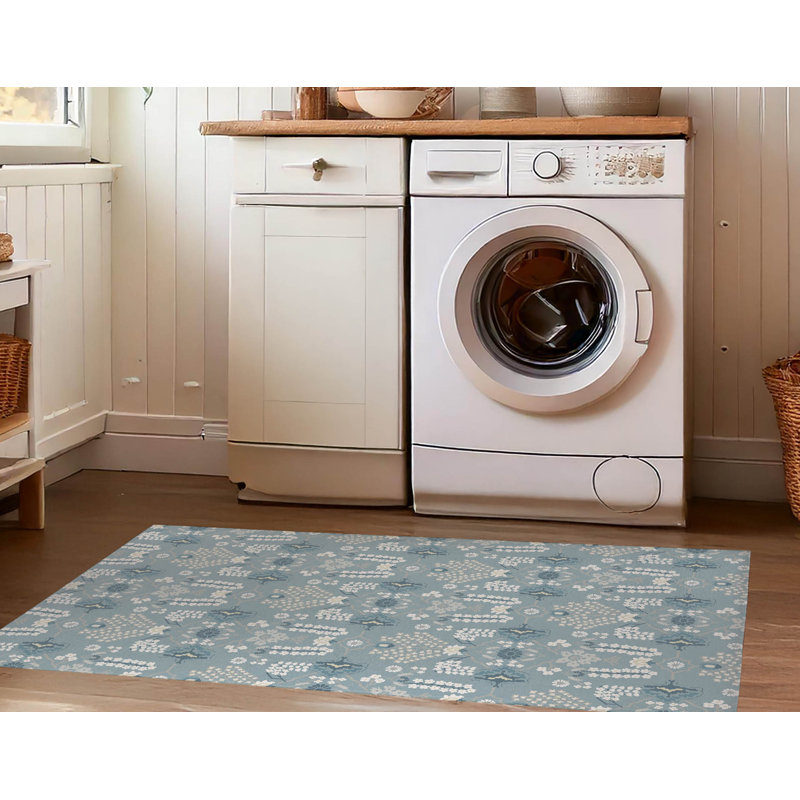 Tapis de lessive léger et antidérapant Zoey, L 61 po x H 6,5 po, Motif floral bleu